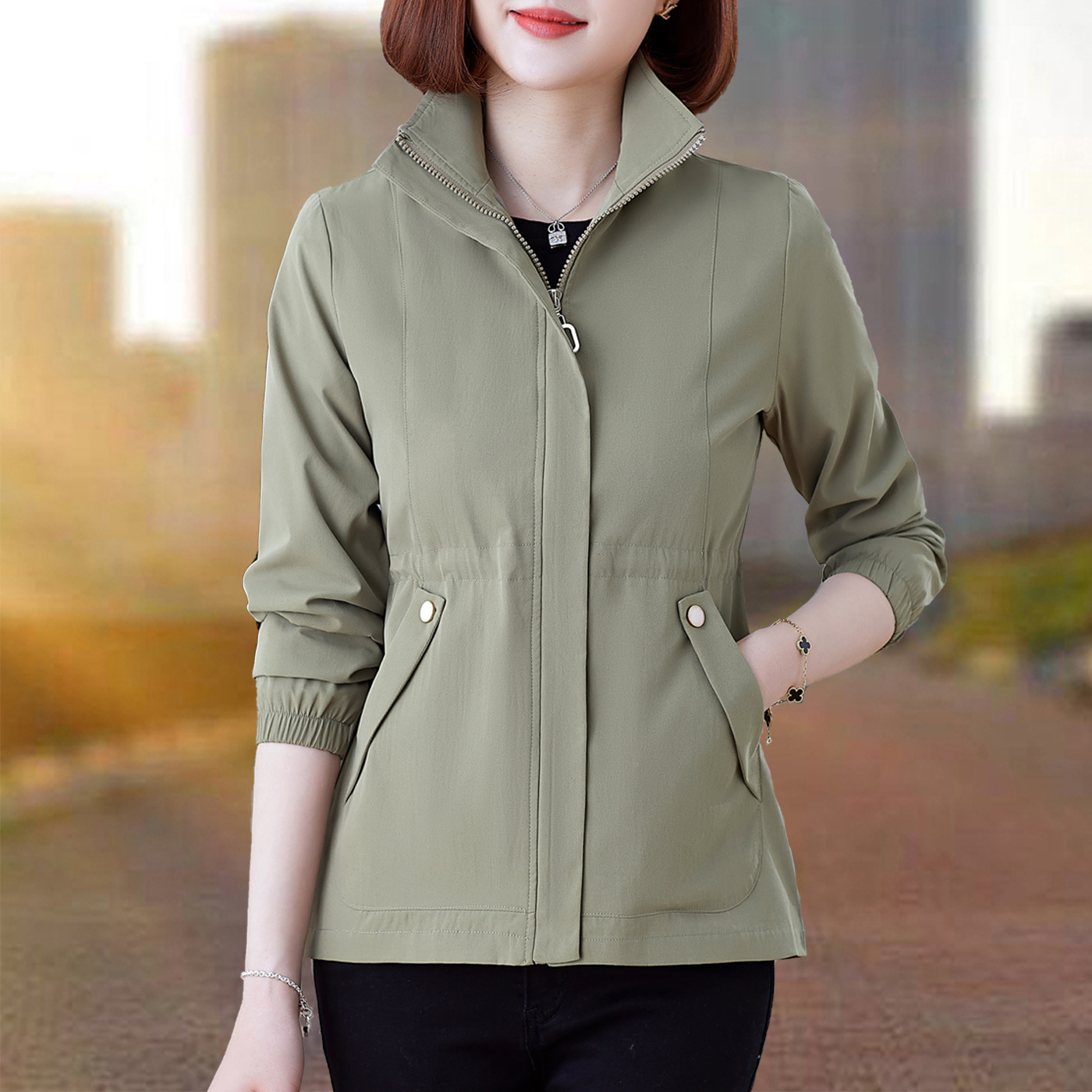 Stand Collar Jacket Short Coat for Women, New Spring and Autumn Style, Plus Size, Loose Fit, Fashionable Versatile Casual Outerwear for Middle-Aged Women