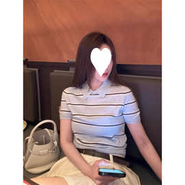 【冰爽丝】条纹针织冰丝短袖POLOT恤女夏季小个子修身短款翻领