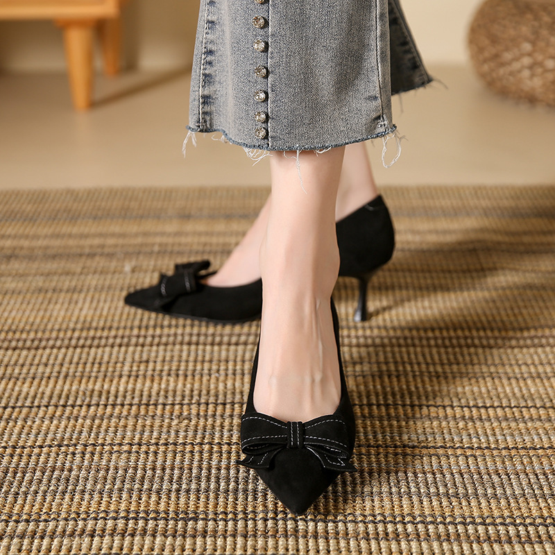 European and American Versatile Women's Shoes with Bowknot, Stiletto Heels, New Autumn and Winter Soft Leather Shoes That Are Comfortable for Commuting