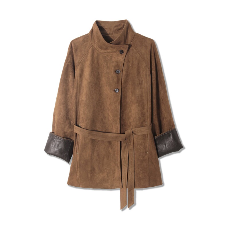 2026 Spring New Korean Style Versatile Slimming Elegant Suede Mid-Length Simple Fashion Stand Collar Trench Coat