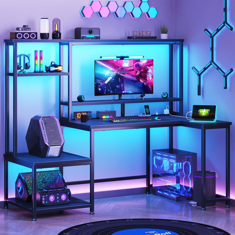 55"L-Shaped Computer Desk with Bookshelf and Storage Shelves Printer Space and Monitor Stand Can Be Interchanged Left and Right 55"L-Shaped Computer Desk with Bookshelf and Storage Shelves Printer Space and Monitor Stand Can Be Interchanged Left and Right