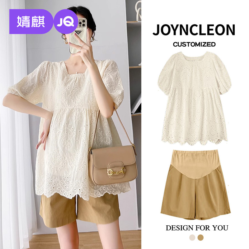 Jing Qi Pregnant Women's Summer Wear Summer Thin Lace Hollow Short-sleeved T-shirt Loose Top Pregnant Women's Shorts Two-piece Suit