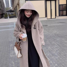 反季秋冬新款双面羊绒大衣女长款连帽牛角扣斗篷羊毛呢子外套