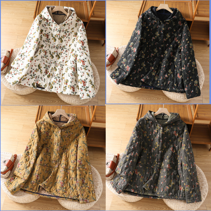 棉麻碎花棉衣女 2025冬新款文艺复古宽松连帽夹棉保暖棉外套
