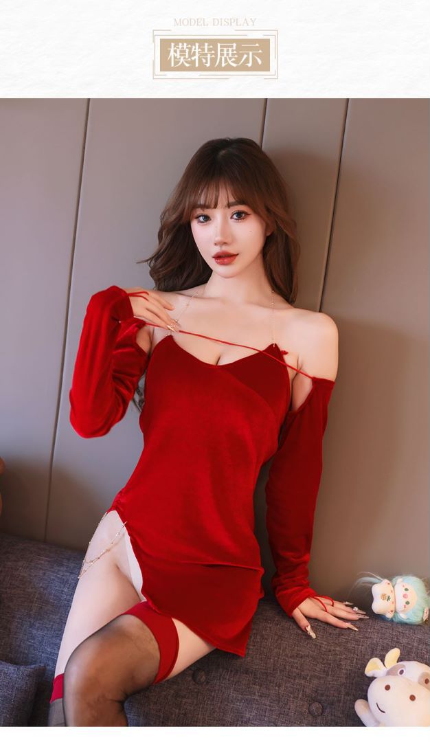 Velvet Cheongsam-Style Nightgown with Slit and Half Sleeves — detail image 8