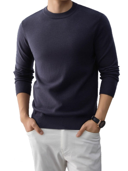 Demi-season solid thin knitted sweater with a round collar