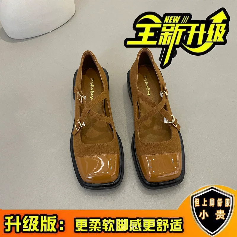 Женские повседневные туфли Xiaoxiangfeng из бархатной кожи с квадратной головкой, двойной пряжкой и обратным швом, корейская версия 2025 A045-8