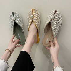 包頭半拖鞋女2024夏天新款時尚百搭平底網紅涼拖懶人珍珠拖鞋外穿