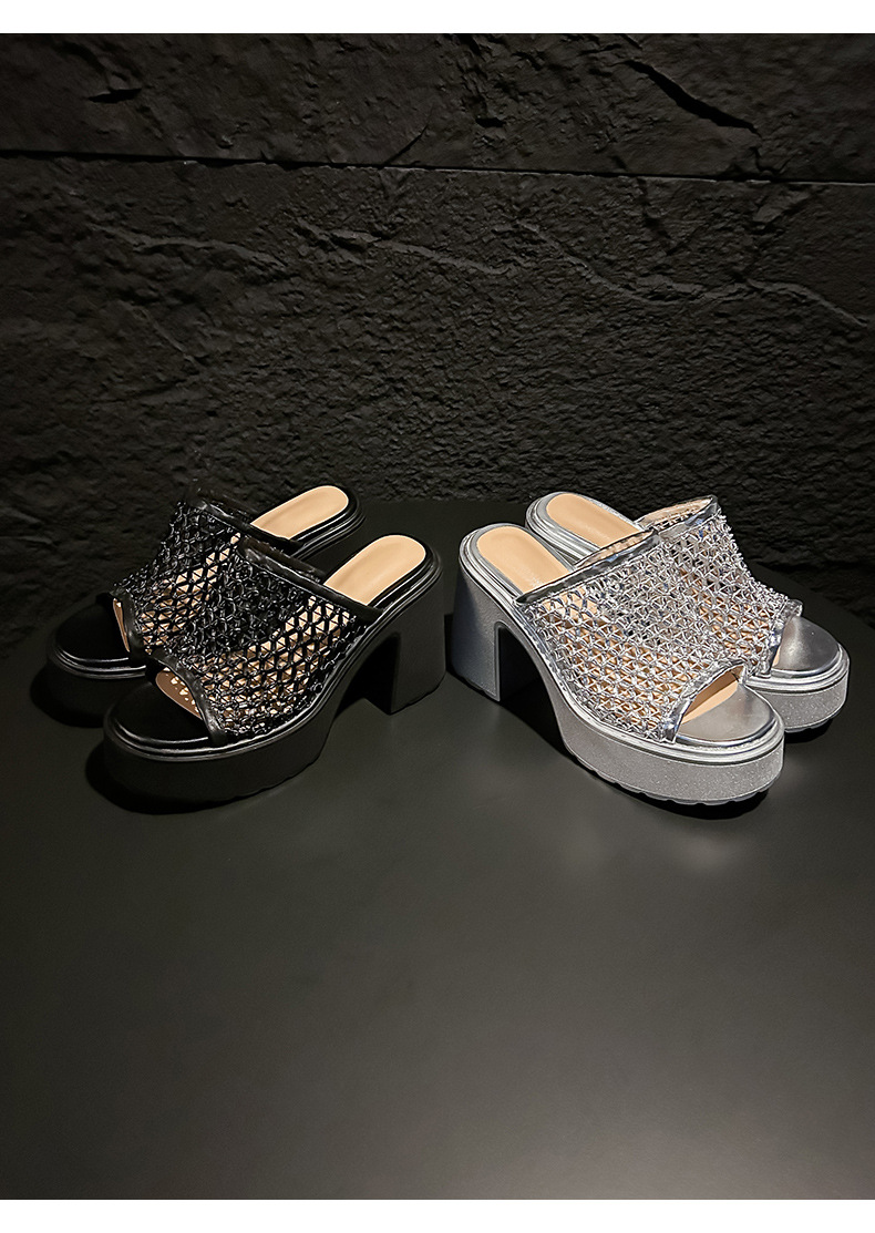 Sandal cao gót nữ hở mũi đế xuồng gót 10 cm quai ngang bện — màu đen, bạc chi tiết 12