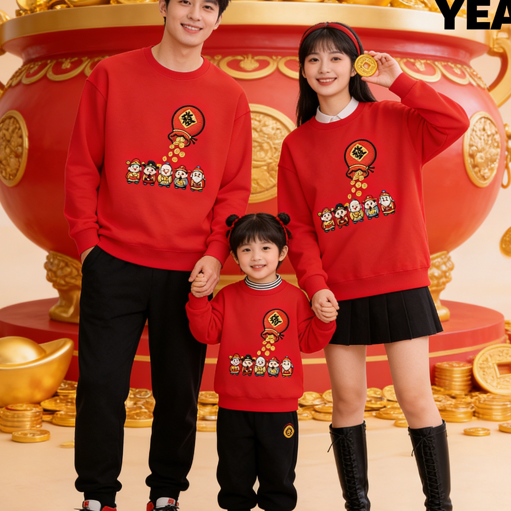 马年国潮一家四口秋冬本命年圆领红色卫衣2026新款宽松喜庆洋气