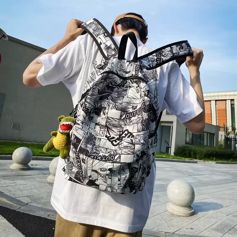 书包男大学生大容量初高中生休闲百搭双肩包时尚涂鸦漫画迷彩背包
