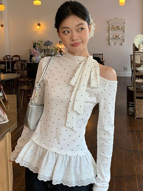 纯欲风白色波点绑带露肩打底衫女修身花边设计感内搭长袖T恤上衣|undefined