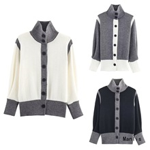 ins跨境欧美风2025新款时尚气质亚马逊女装批发拼色针织开衫外套