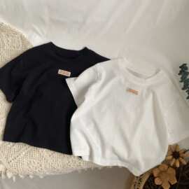 GL-kids韩版夏季新品儿童简约百搭小标短袖T男女宝纯棉宽松打底衫