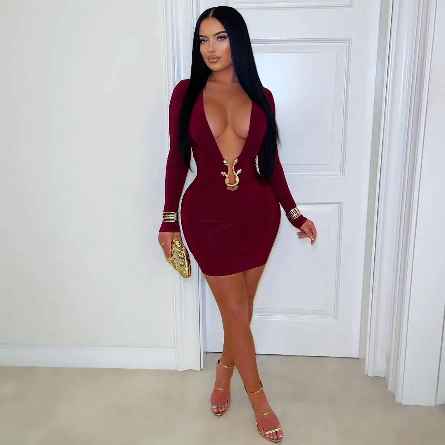 C7609 Aliexpress transfronterizo amazon ropa de moda europea y americana sexy profunda v vestido de acessorios en forma de serpiente image 5
