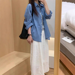 韩系蓝色格子长袖防晒衬衫外套女夏季新款宽松百搭慵懒风外搭上衣