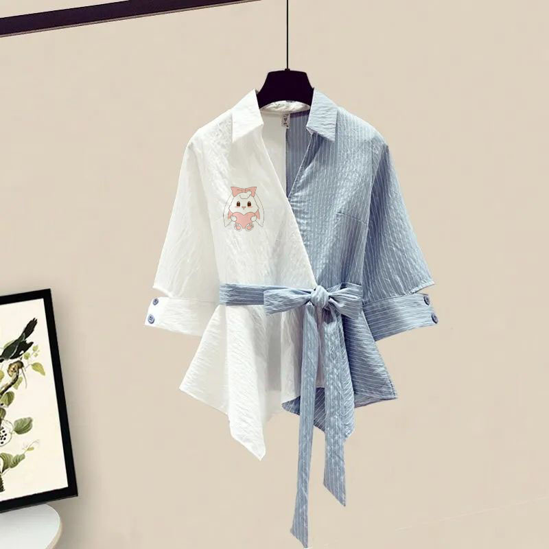 (2개) 플러스 사이즈 여성 200KG 뚱뚱한 자매 여름 세트 여성 슬림 연령 감소 셔츠 반팔 스커트 투피스 조수