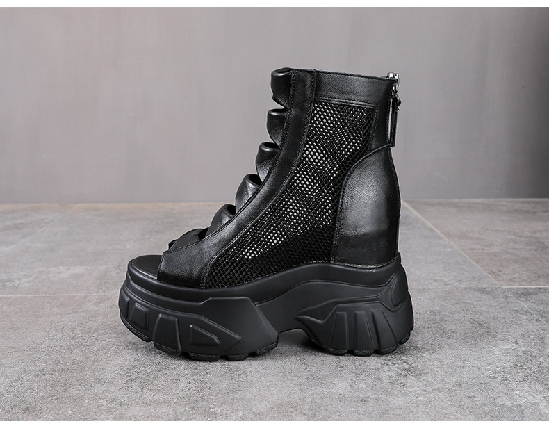Sandal cao gót nữ mũi hở đế platform 11 cm da bò thật kiểu La Mã — màu đen chi tiết 11