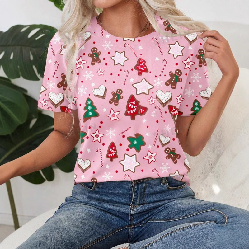 Women's Fashion Shoulder Round Neck Loose Short Sleeve T-Shirt Fashion Hot Selling Christmas Halloween Double Series 3D Printing