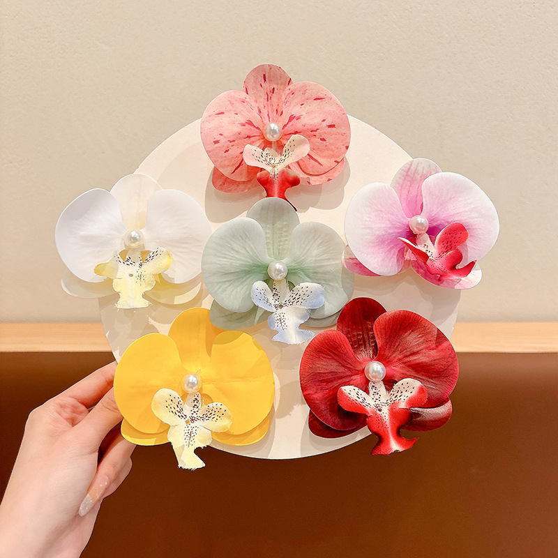 Orquídea de alto nivel de atmósfera, orquídea de mariposa, rascar, pinzas de cabello teñidas, pinzas de cabello rotas, adornos de cabello de mujer, toque de estilo de flores