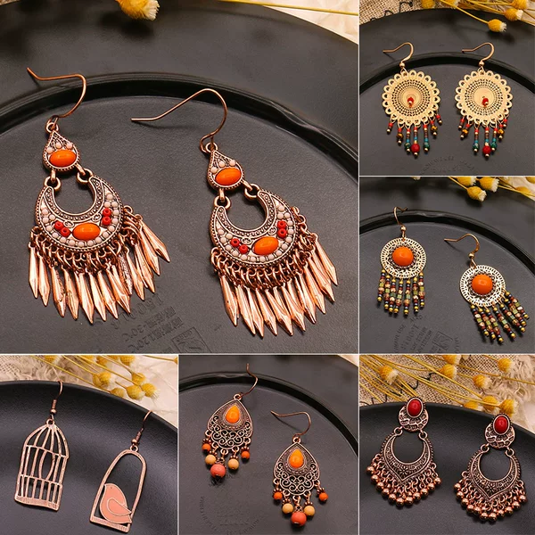 Cross-Border New Bead Earrings for Women European and American Fashion Palace Style Earrings Retro Gold Tassel Earrings Jewelry Wholesale