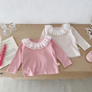 Baby Clothes Long-Sleeved Bottoming Shirt for Baby Girls Spring & Fall Lace Collar Fashionable Top Little Girl Versatile Pure Color T-Shirt