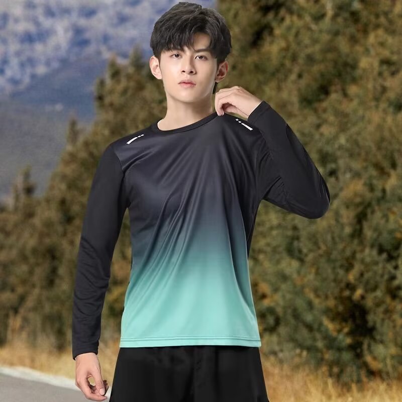 Men's Gradient Quick-Drying Long-Sleeve T-Shirt, Summer Cooling Breathable Elastic Fitness Running Loose Outdoor Top T-Shirt