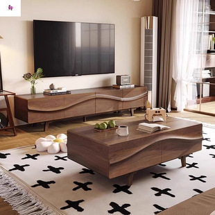 Solid Wood Coffee Table Tv Cabinet Combination Living Room Home Retro French Mid-Century Style Walnut Wood Grain Solid Wood Tea Table