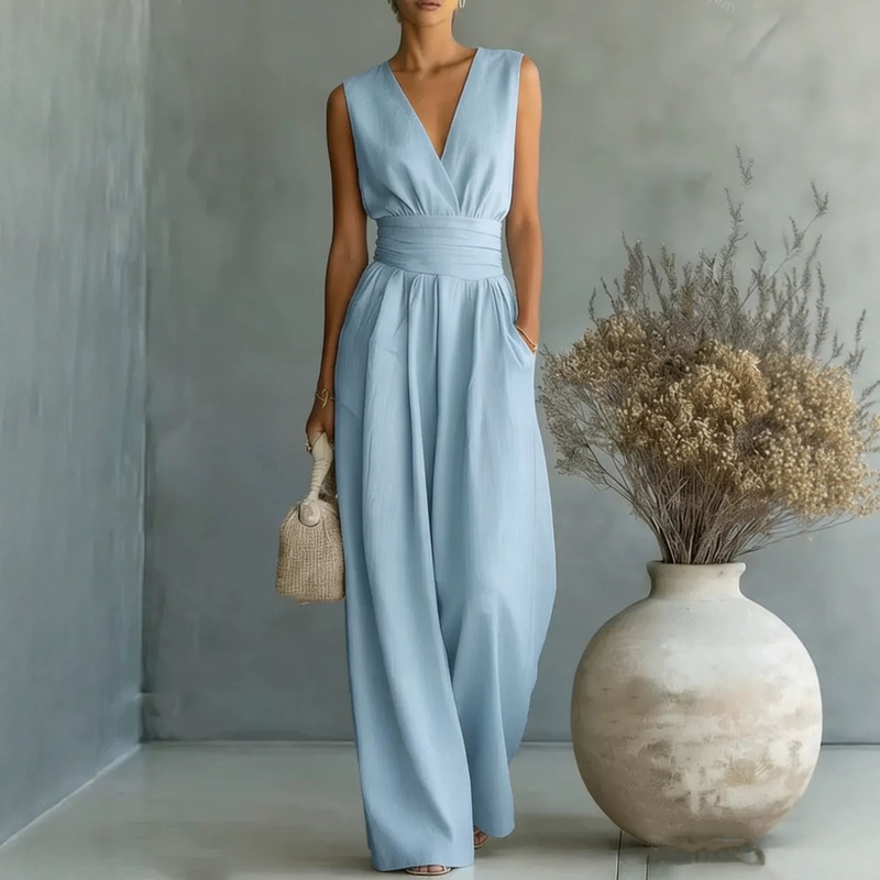 2026 European and American Cross-Border Spring and Summer New Amazon Elegant Sleeveless Waist-Cinching V-Neck Stylish Women's Jumpsuit