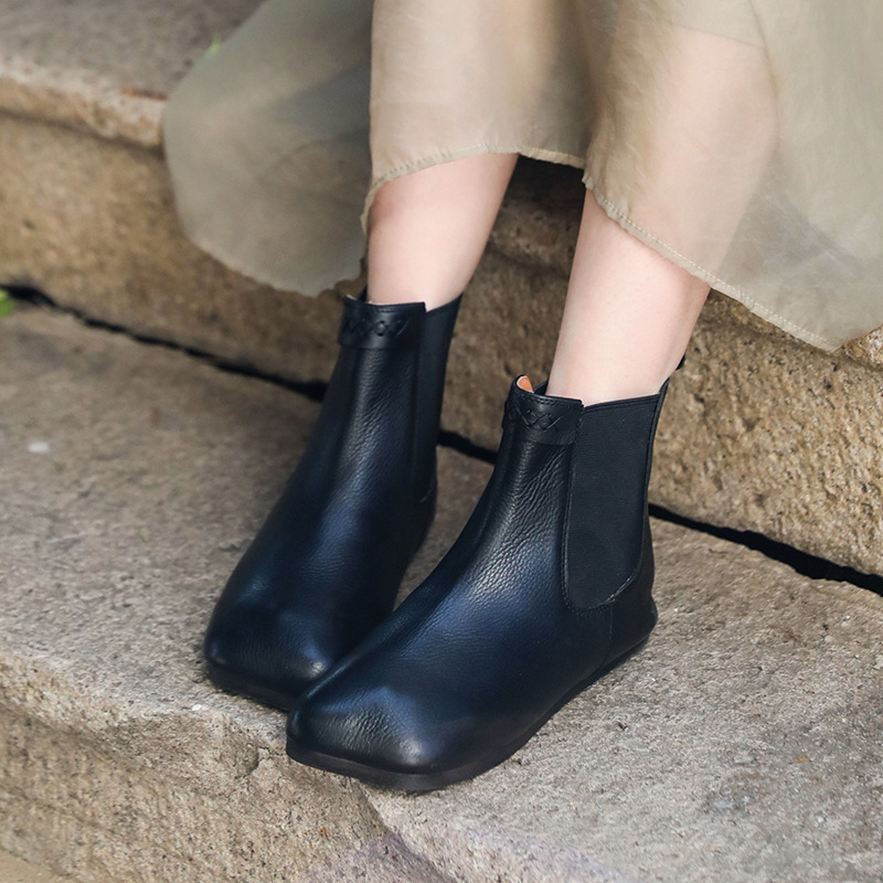 琢皮师 牛皮方头复古套脚软底舒适软面女靴秋冬新款切尔西短靴