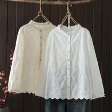 2025年秋装新款  文艺范立领花边提花刺绣女开衫长袖衬衫白衬衣