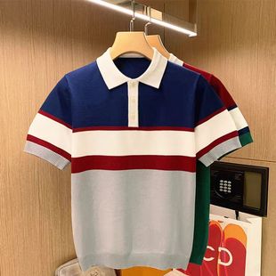 Color Matching Striped Ice Silk Breathable Knitted Short-sleeved Men's Summer Korean-style Trendy Trendy Trendy Trendy Casual Lapel T-shirt