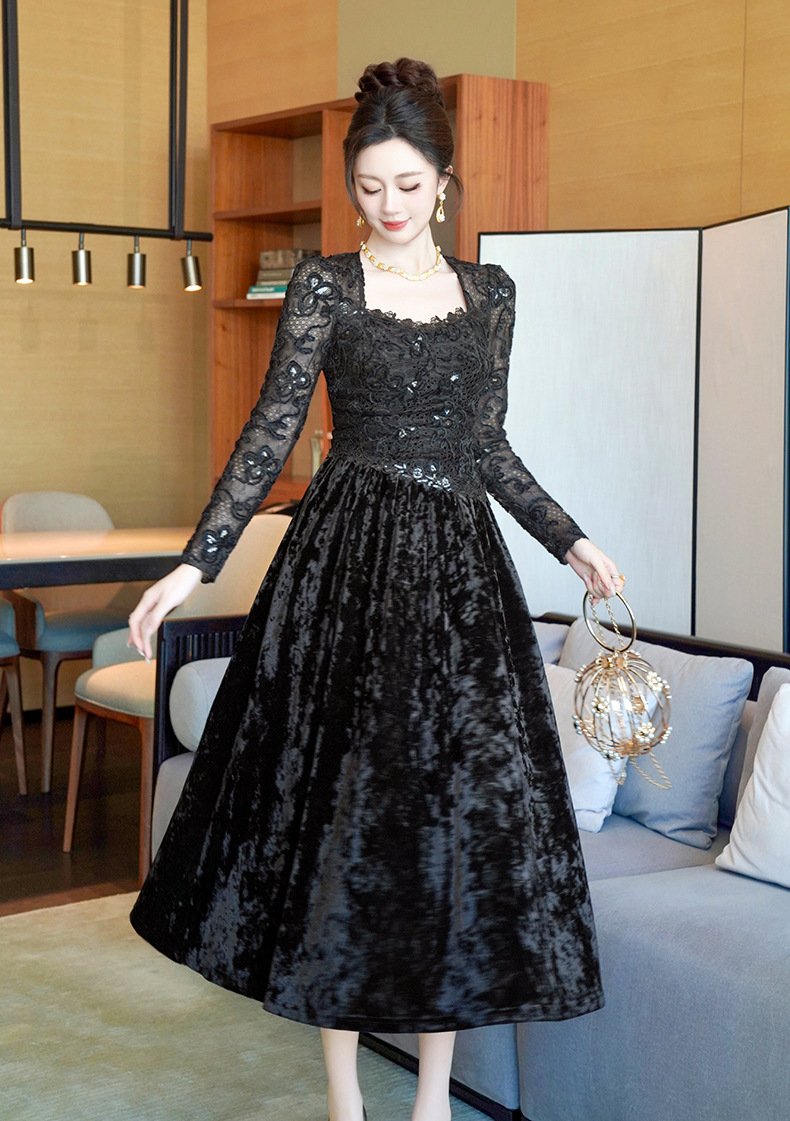 Đầm maxi nữ cổ vuông nhung thêu tay bồng thắt eo — đen chi tiết 2