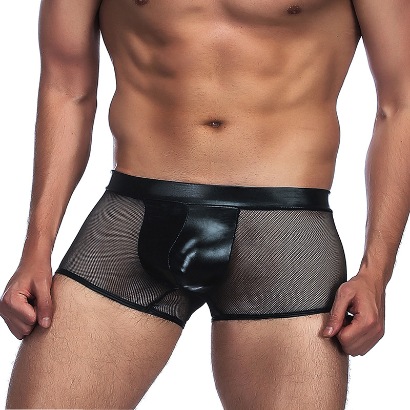 Amazon hombre grande sexy pantalones íntimos negros de malla transparente de ángulo plano hueco pantalones cortos de piel transparente