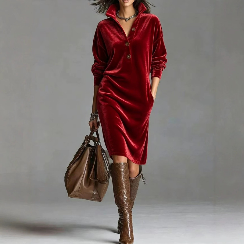 New European and American style stand-up collar half-button dress for women, loose mid-length pullover straight dress, casual long-sleeve dress New European and American style stand-up collar half-button dress for women, loose mid-length pullover straight dress, casual long-sleeve dress