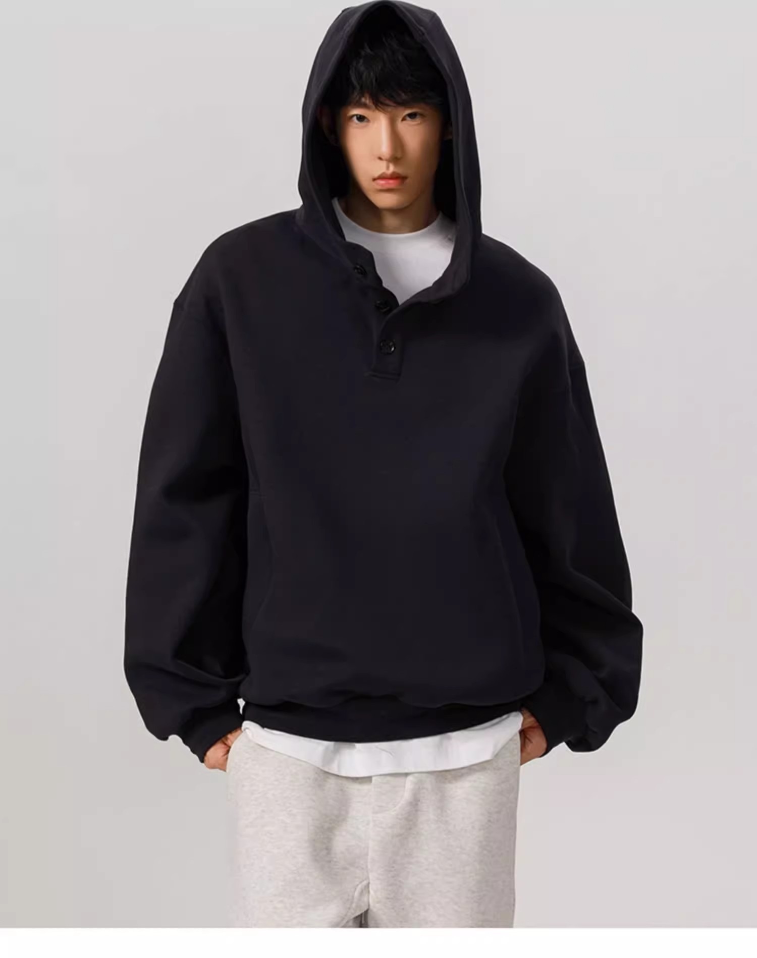 Felpa con cappuccio unisex in stile Hong Kong – Stile streetwear oversize con bottoni (M-3XL, 2 colori)_voghion.com