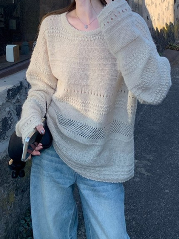 闲暇周末~马海毛设计感镂空提花圆领针织衫女秋宽松慵懒针织罩衫|undefined