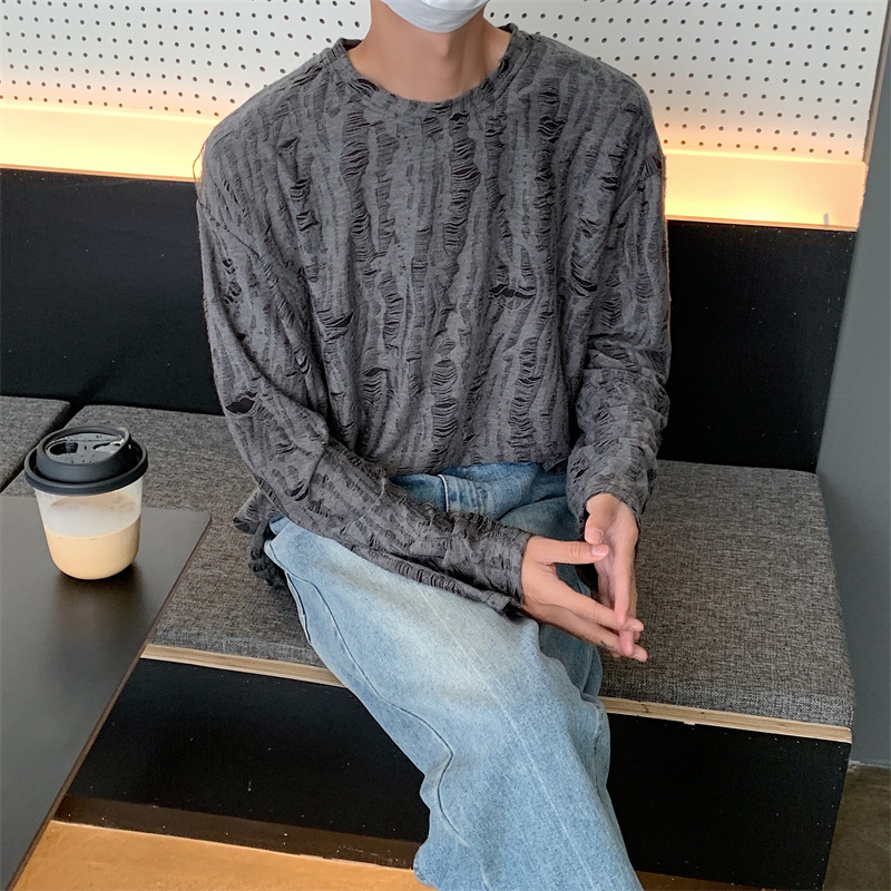 La Primavera de cuello redondo de manga larga Camiseta de los hombres de estilo coreano estilo de Hong Kong casual todo partido de moda ins pullover personalizado rasgado camiseta top