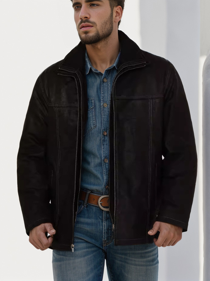 Spring solid color double zipper long sleeved denim jacket, black plus size top, men's versatile trendy brand_voghion.com