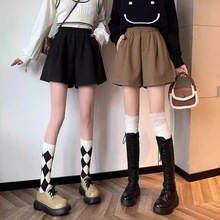 2024新款松紧腰星空毛呢短裤女秋冬黑色外穿高腰显瘦a字阔腿休闲