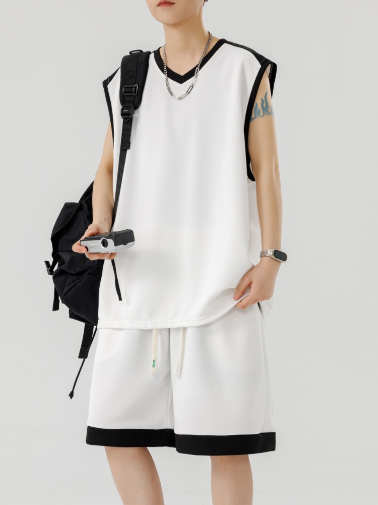 Camiseta sin mangas con cuello en V para hombres jóvenes Traje deportivo suelto de verano Chaleco guapo y pantalones cortos de dos piezas para hombres