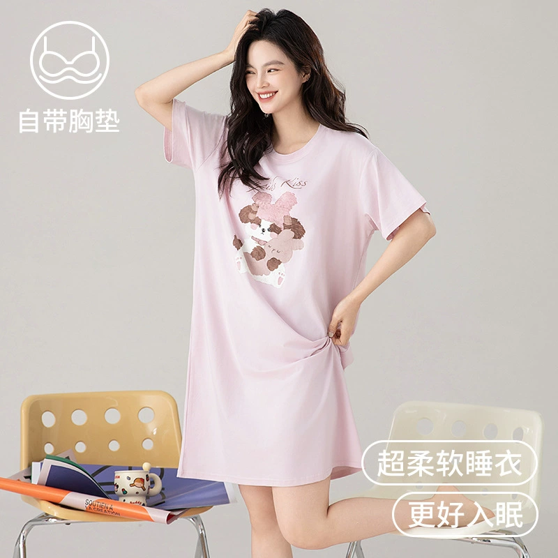Top with cups, cotton pijama, cartoon cute thin summer short sleeve dress for leisure