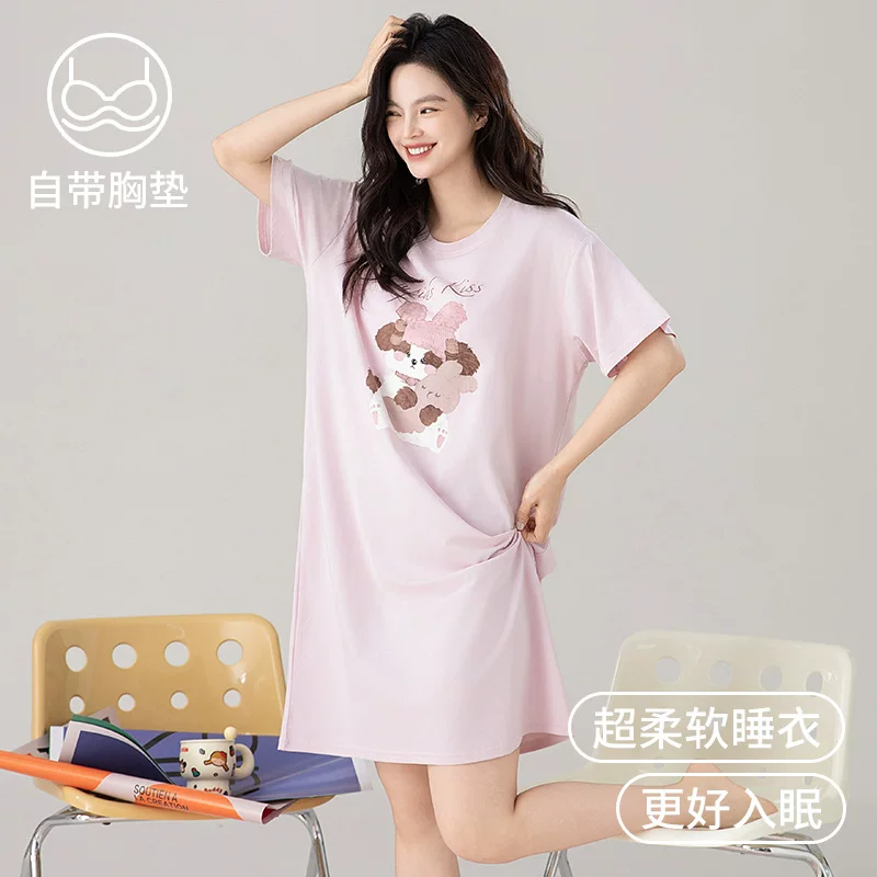 Top with cups, cotton pijama, cartoon cute thin summer short sleeve dress for leisure