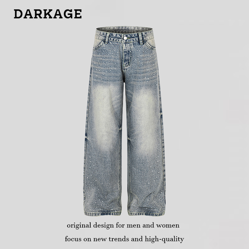 Retro Washed Rhinestone Straight Leg Jeans Loose Fit Casual Versatile Men Women High-End Design Summer Style_mkmklike.com