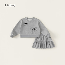 宥宝童装秋装灰色休闲拼接毛边半裙两件套女孩长袖卫衣蝴蝶结套装