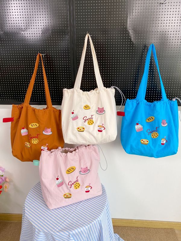 厚手の裏地！ヘビーウェイト刺繍ナイロン巾着バッグフレッシュドーパミンショルダーバッグ通勤トートバッグ学生バッグ|undefined