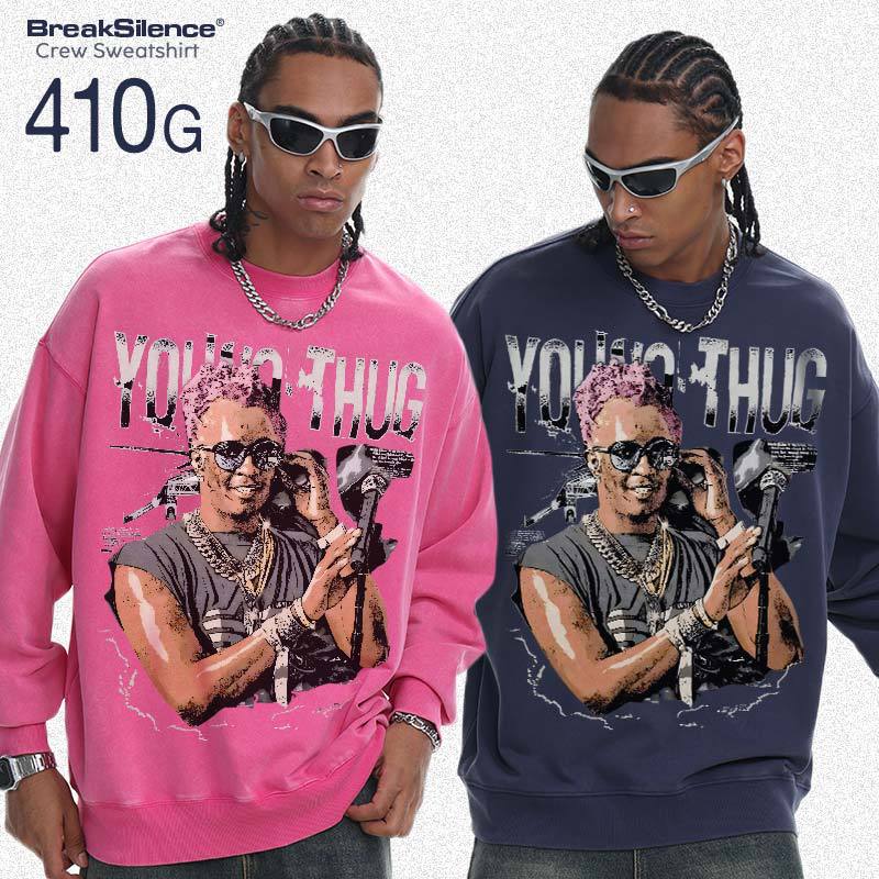 2025 Autumn Youngthug Retro Sports Sweatshirt Knitted Heavyweight Washed Distressed Pullover Round Neck Men's Sweatshirt