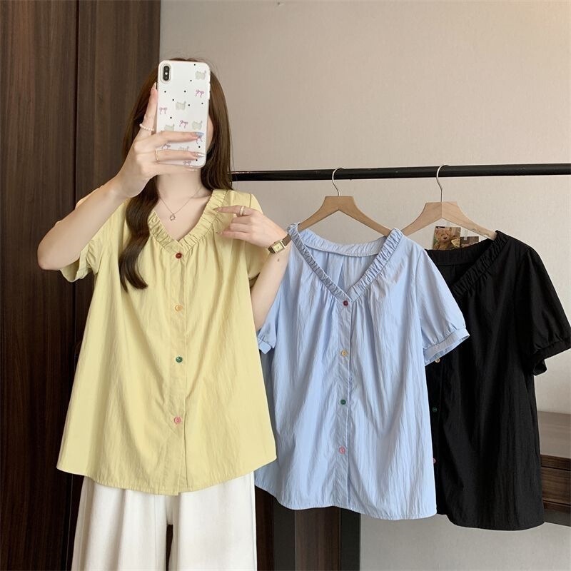 2026 Korean Style Summer Plus-Size Colorful Buttoned New Pleated Blouse with a Stylish Design and Short-Sleeve Shirt Collar Top 2026 Korean Style Summer Plus-Size Colorful Buttoned New Pleated Blouse with a Stylish Design and Short-Sleeve Shirt Collar Top