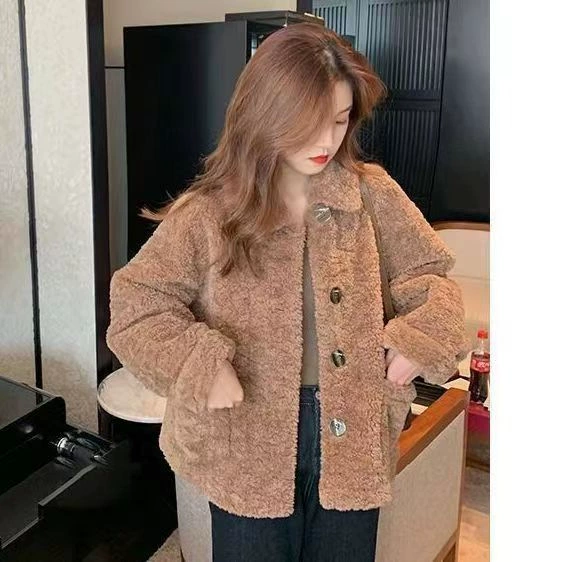 Демисезонная куртка oversize из плюша, укороченная модель с длинными рукавами, корейский стиль