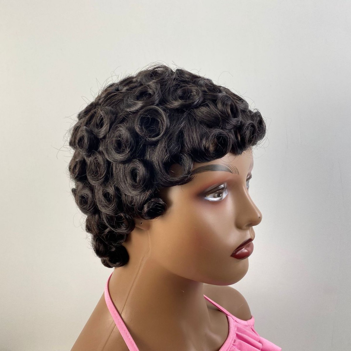 Real Human Hair Machine-Made Pink Small Curly Wig